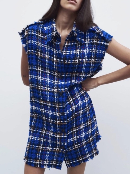 Zara Dresses & Skirts - ZARA Blue Plaid Tweed Textured Sleeveless Button-Up dress, S